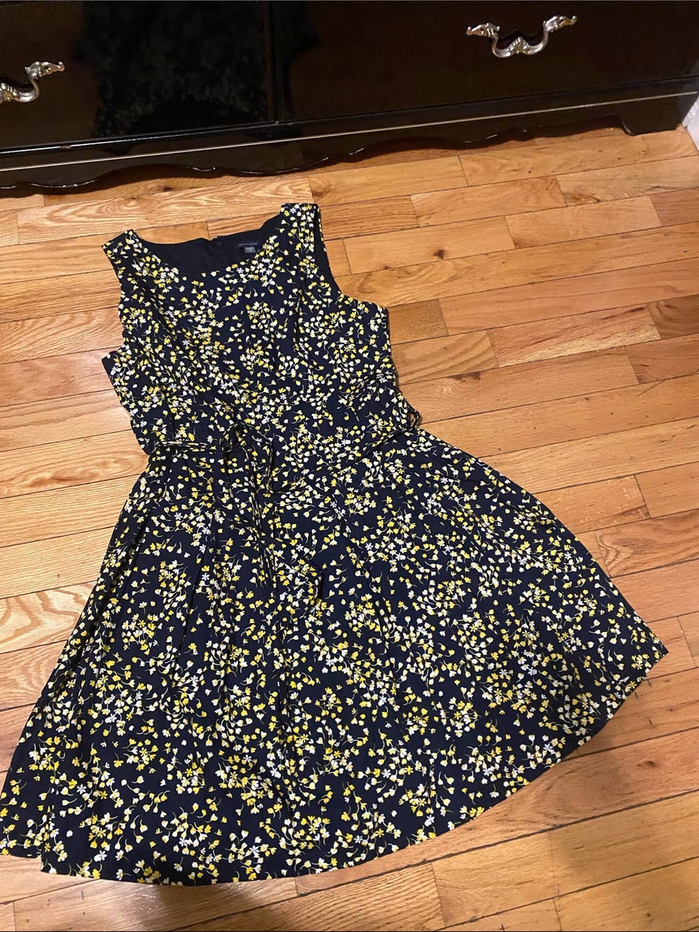 Sleeveless Navy Floral Fit-and-Flare Dress with Yellow Accents